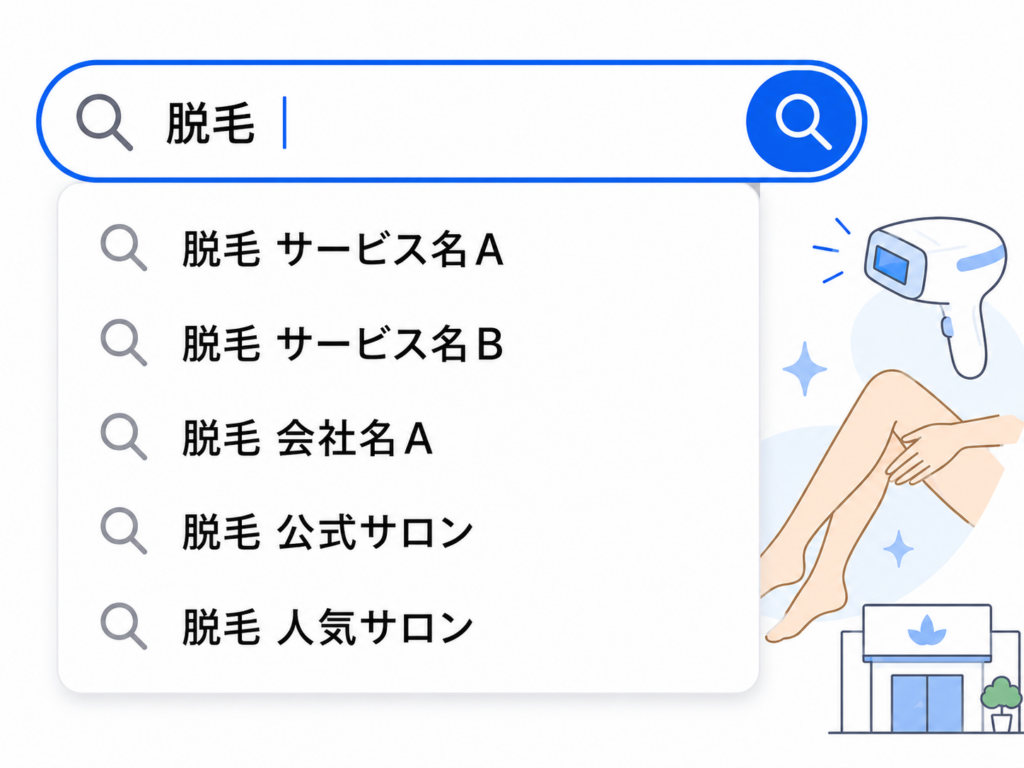 検索窓に「脱毛」と入力し、サービス名や会社名、公式サロンなどのサジェスト候補が表示されているイメージ画像