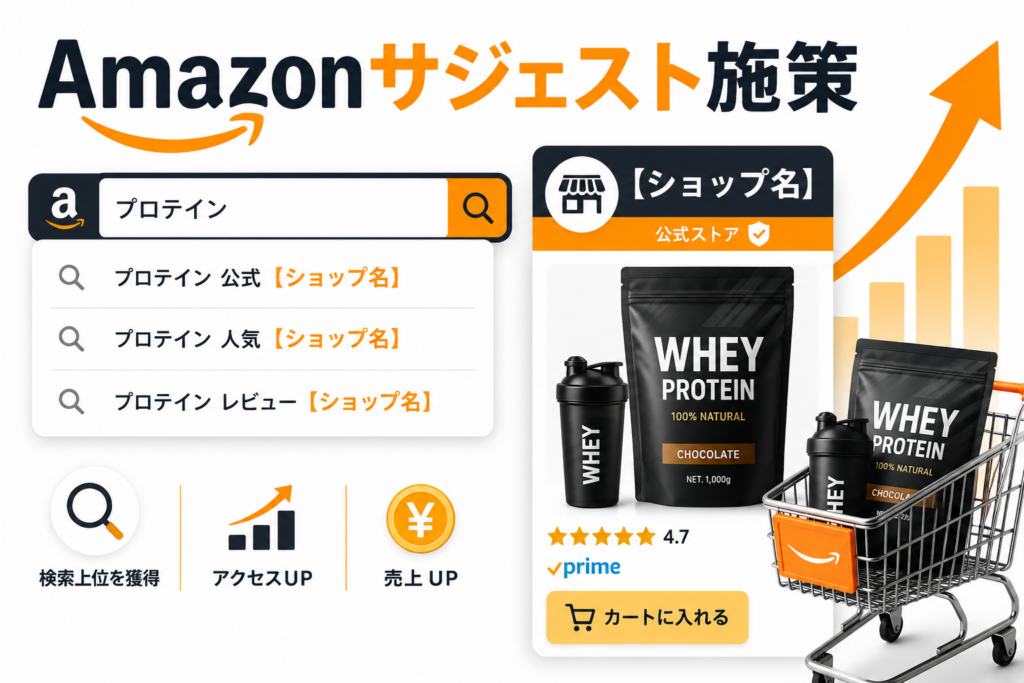 Amazonサジェスト施策で商品名やショップ名を表示し、検索流入と売上アップを目指すアイキャッチ画像