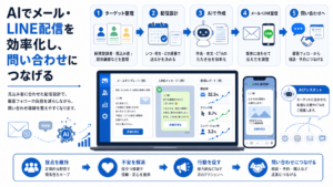 AIを活用してメール配信やLINE配信を効率化し、見込み客フォローから問い合わせにつなげる流れを表した図解画像