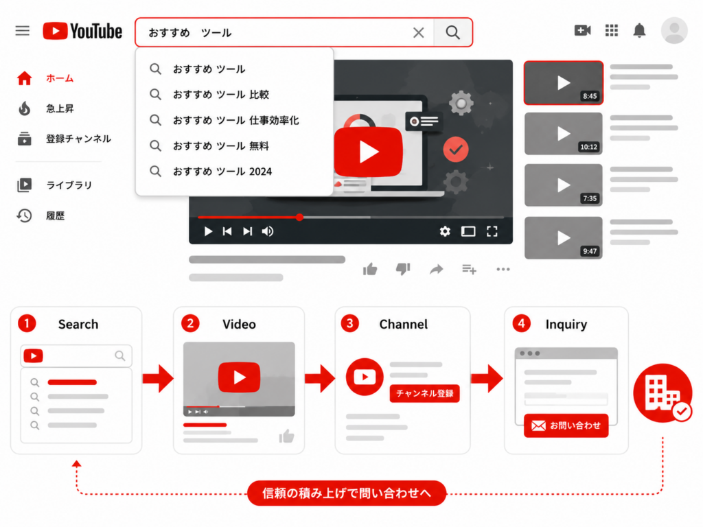 YouTubeのサジェスト施策で検索から動画視聴、チャンネル登録、問い合わせへつなげる流れを示した図解画像