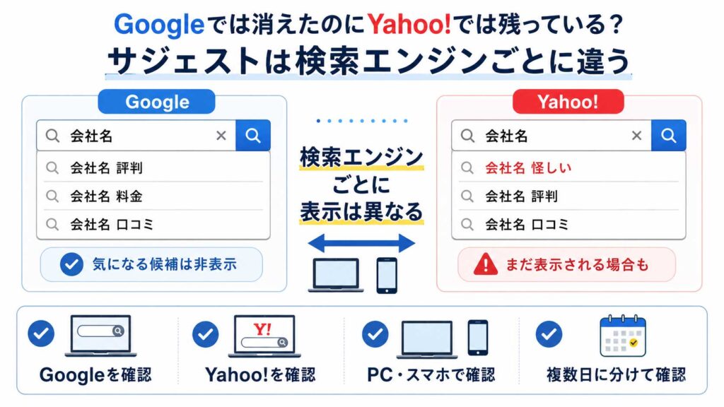 Googleでは非表示になったサジェストがYahoo!では残るケースと、検索エンジンごとの表示の違いを示した比較図
