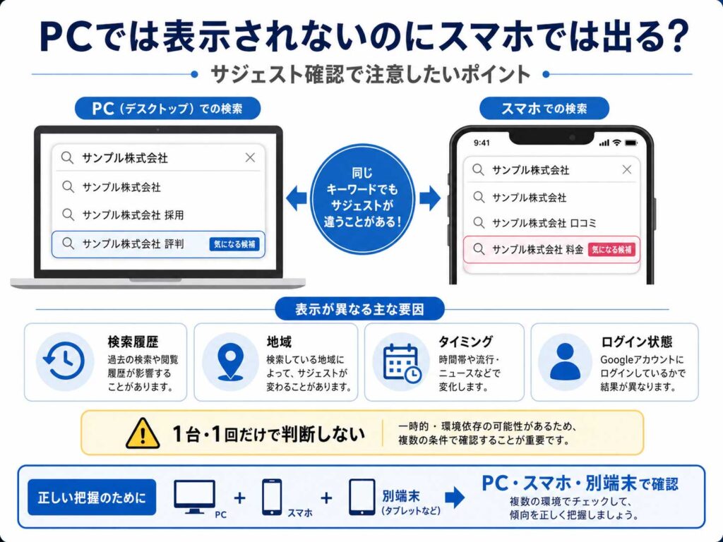 PCとスマホでサジェストの表示が異なる理由を検索履歴・地域・タイミング・ログイン状態から解説した図