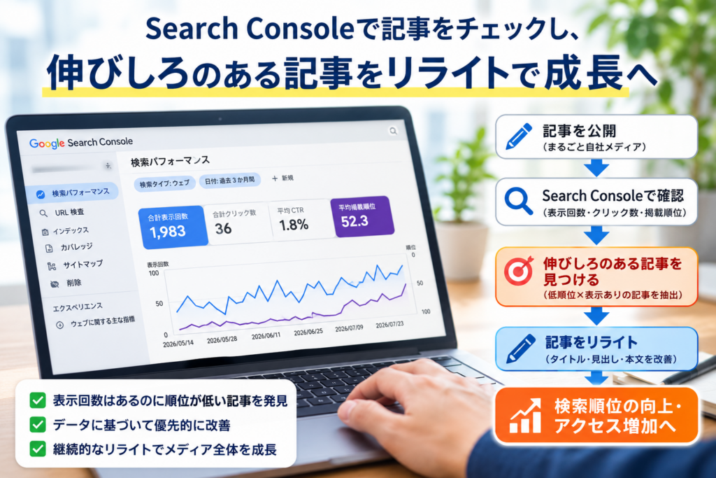 Google Search Consoleのデータを確認し、表示回数はあるものの順位が低い記事を見つけてリライトする流れを示したイメージ