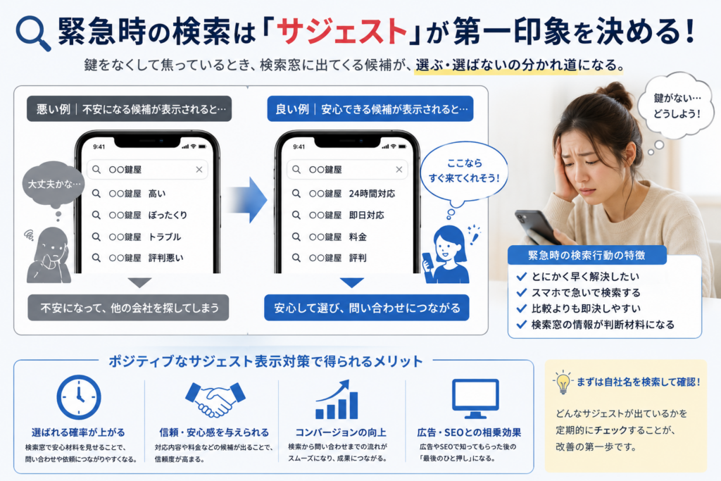 鍵をなくした緊急時の検索で、24時間対応・即日対応・料金などのポジティブなサジェストが問い合わせ先選びに与える影響を示した図