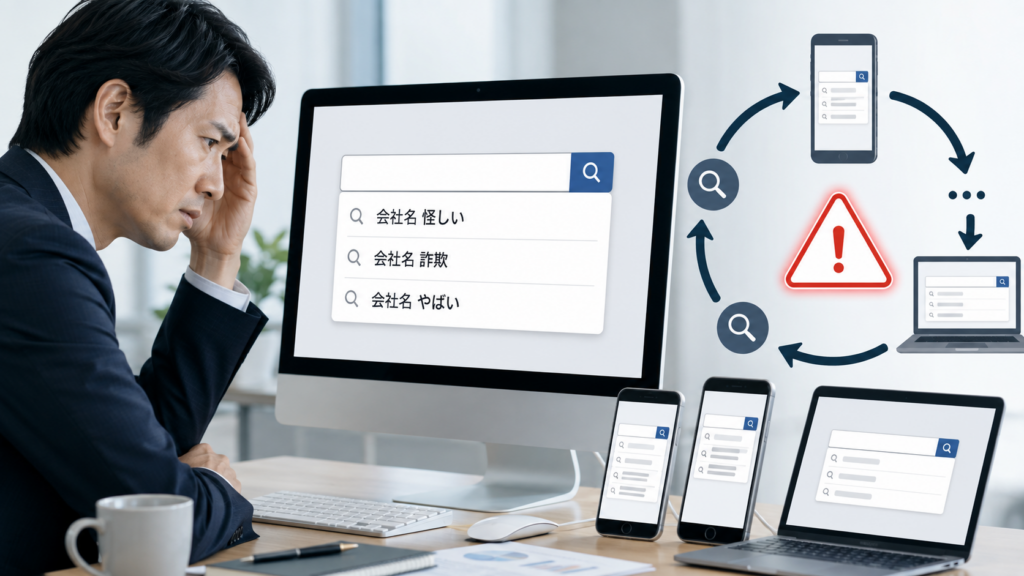 ネガティブな検索候補を見て悩むビジネスマンと、複数端末での検索繰り返しによるリスクのイメージ