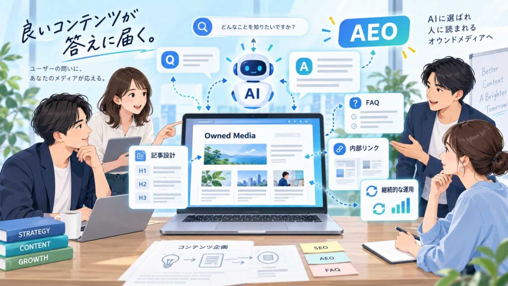 AEOに強いオウンドメディアの記事設計とAI検索を意識した継続運用のイメージ