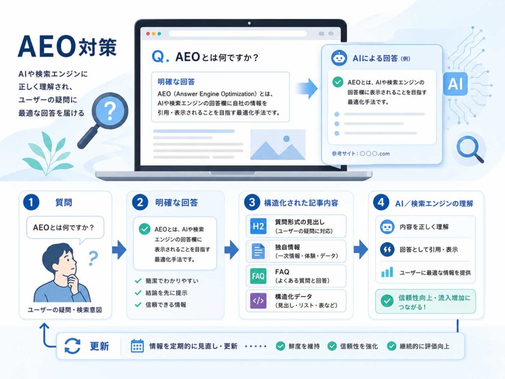 AEO対策のやり方を質問・明確な回答・構造化された記事・AI検索での理解の流れで解説した図