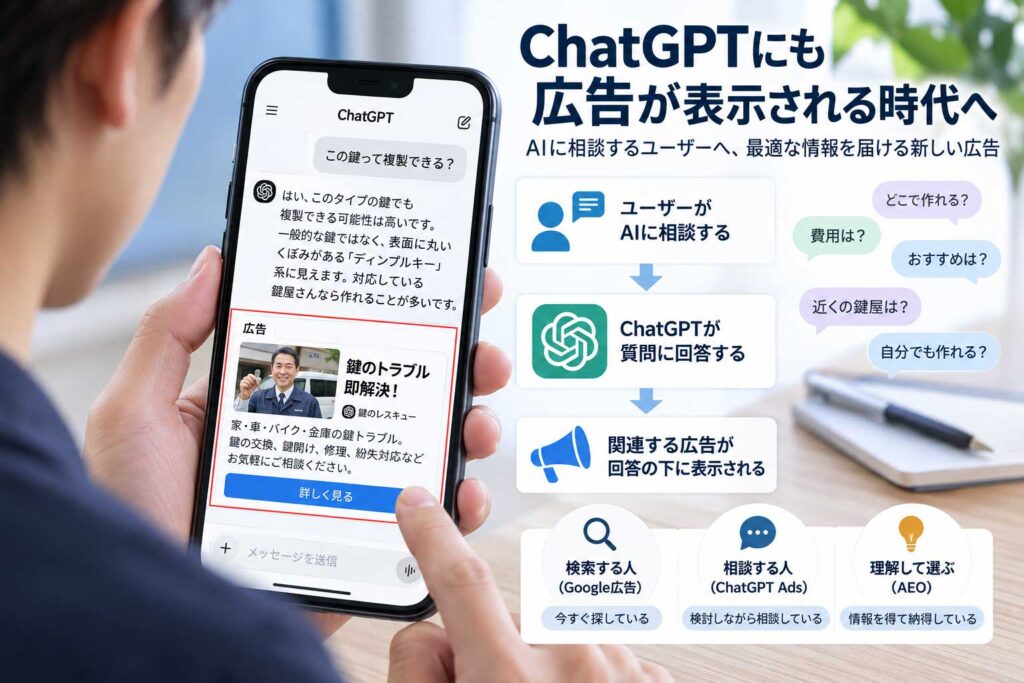 ChatGPTの回答下に関連広告が表示されるChatGPT Adsの仕組みを解説したイメージ