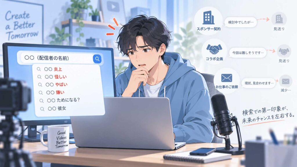 YouTuberが自分の名前を検索し、「炎上」「怪しい」「やばい」などのネガティブなサジェストを見て不安を感じているイメージ