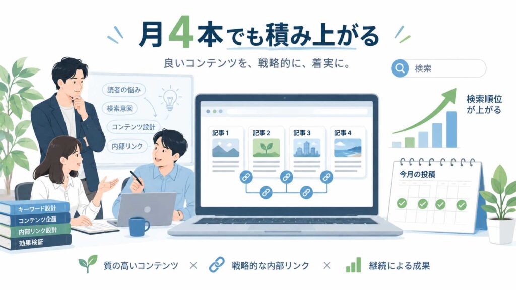 月4本の記事更新を継続し、内部リンクとSEO設計で検索順位を高めるオウンドメディア運用のイメージ