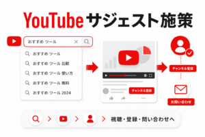 YouTubeサジェスト施策で検索候補から動画視聴、チャンネル登録、問い合わせへ誘導するアイキャッチ画像