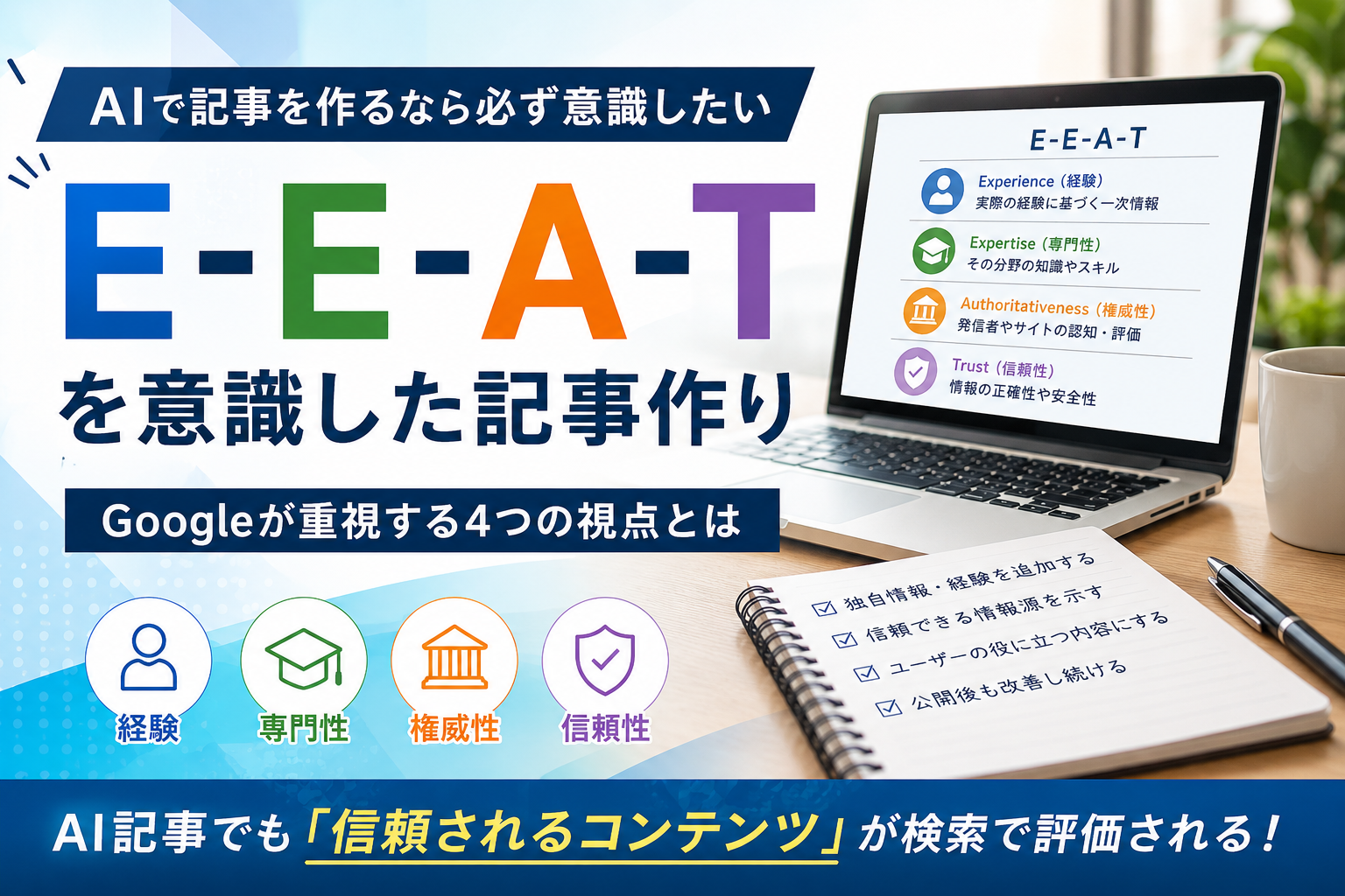 AIで記事を作るならE-E-A-Tを意識する｜Googleが重視する「経験・専門性・権威性・信頼」とは