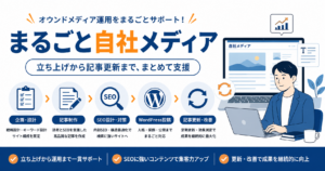 まるごと自社メディアの企画・記事制作・SEO・WordPress投稿・継続更新をまとめて支援するイメージ