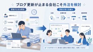 ブログ更新に悩む企業へ外注による継続運用を提案するイメージ