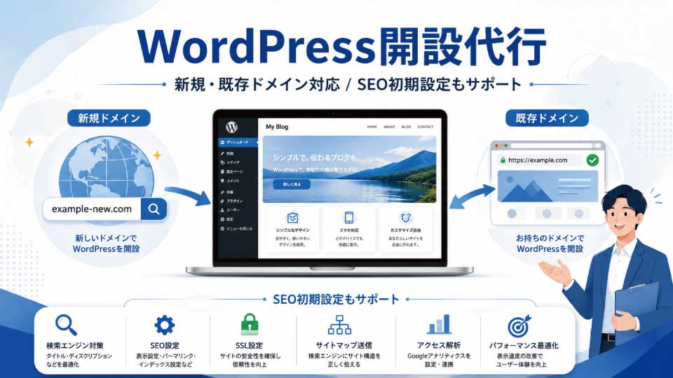 WordPressの開設方法がわからなくても大丈夫｜新規ドメイン・既存ドメインどちらも開設からSEO設定まで代行します