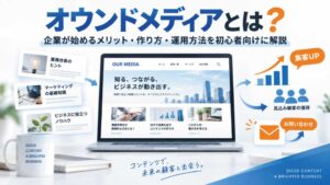 オウンドメディアのメリット・作り方・運用方法と、検索流入から問い合わせにつなげる仕組みを表したイメージ