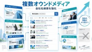 複数のオウンドメディアや採用サイト、公式SNSを活用し、会社名検索時の自社情報を強化するイメージ